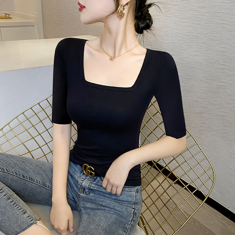 Black Mid-Sleeve T-Shirt for Women, Slim Fit, Ribbed Cotton, Square Neck, Five-Quarter Sleeves, Stylish Inner Layer, 7-Quarter Sleeve Top