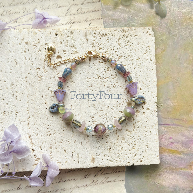 Fortyfour Original "Monet's Garden" Czech Bead Bracelet, Purple Oil Painting Style Retro Impression Bracelet
