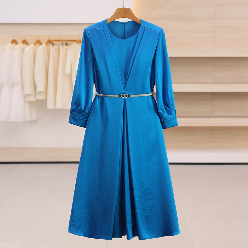 【Song】Elegant High-Waisted Slimming Round-Neck Satin Dress 26 Spring, Same Style as the One Sold in the Zhui Shi Shang Shopping Mall