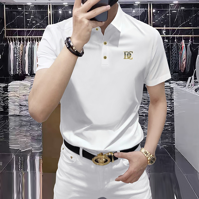 Summer Thin Ice Silk Stretch Slim Fit Casual Lapel T-Shirt European Style Drapey Wrinkle-Free Short-Sleeve Polo Shirt for Men