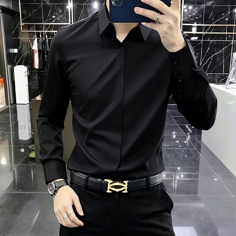 High-End, No-Iron, Long-Sleeved Casual Shirt for Men, Fashionable Business Formal Wear, Silky Drape, Seamless Black Shirt for Men High-End, No-Iron, Long-Sleeved Casual Shirt for Men, Fashionable Business Formal Wear, Silky Drape, Seamless Black Shirt for Men