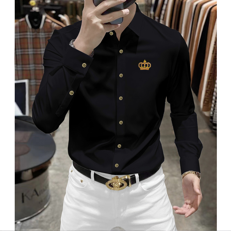 High-End Wrinkle-Free Drape Shirt Long-Sleeved Men's Casual Slim-Fit Autumn Crown Embroidery Stretch Business Black Shirt