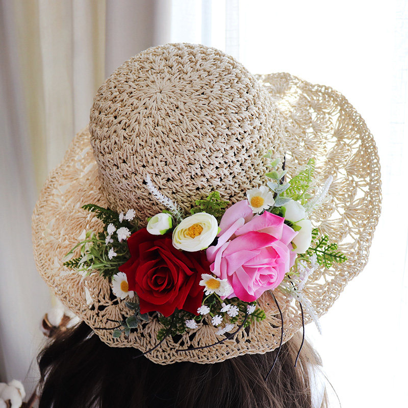 Handmade flowers weaving straw hats female summer Xiaoqing Renaissance Art Tour Showa Beach folding large hat cap