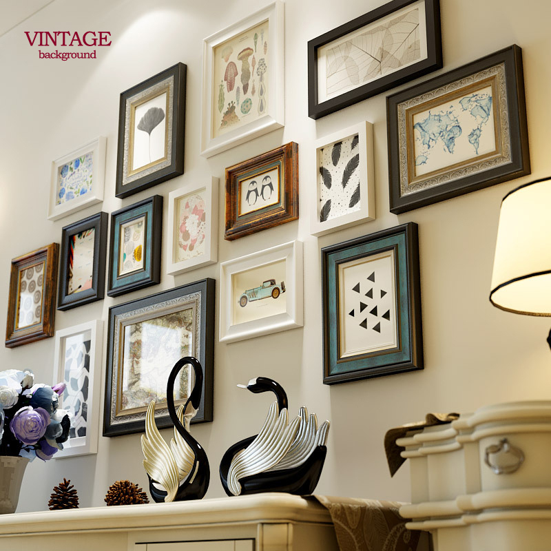 Solid Wood American-Style Creative Photo Wall, Modern Minimalist Living Room Picture Frame Wall, European-Style Entrance Combination Painting, No-Drill Wall Hanging