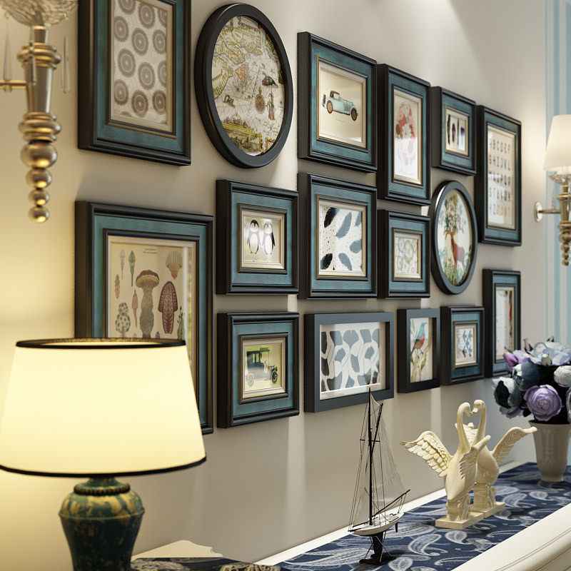 Solid wood photo wall decoration American living room deer photo frame wall free punching European style hanging wall modern background wall combination painting