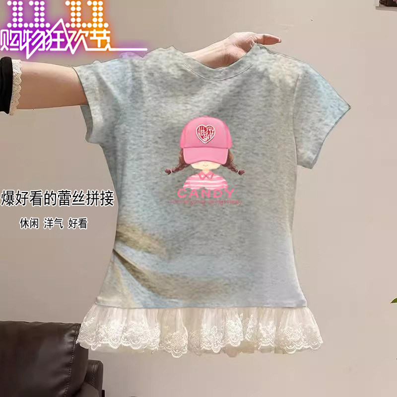 女の子用半袖Tシャツ、純綿、2026年新スタイル、おしゃれな子供用レースパッチワークトップス、女の子用夏服、半袖。