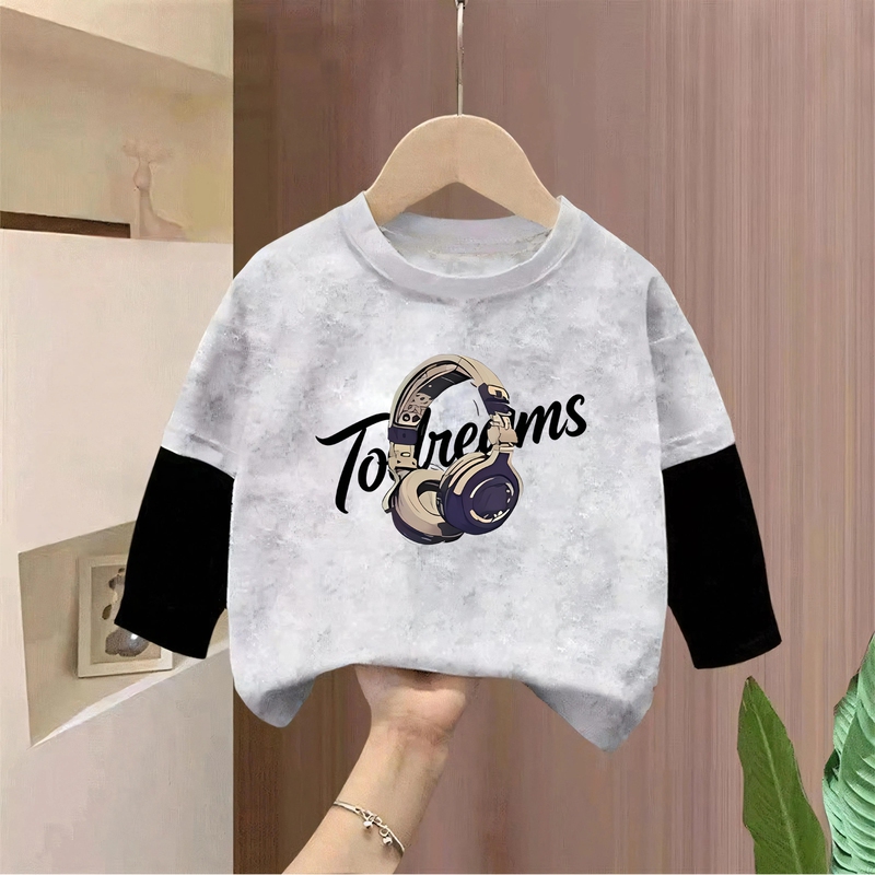 Boys' Long-Sleeve T-Shirt, Pure Cotton, 2026 Children's Spring and Autumn Wear, Fake Two-Piece Tie-Dye Versatile Boys' Trendy Base Shirt