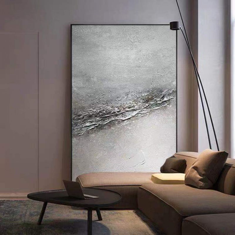Hand-painted oil painting large landing light luxury thick texture porch decorative painting abstract modern black and white gray wabi sabi wind hanging painting