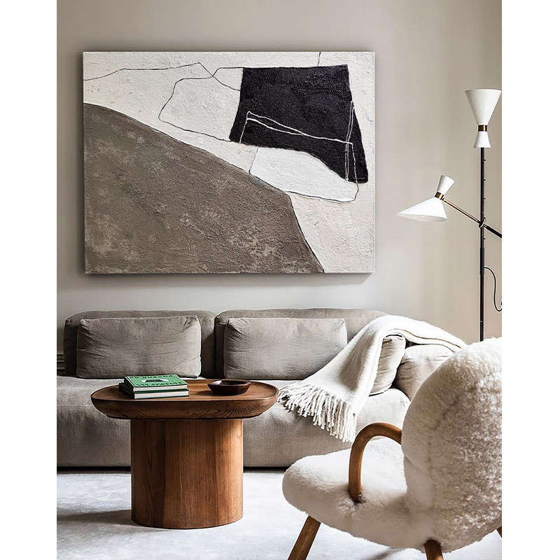 Pure hand-painted oil painting abject wabi sabi style three-dimensional texture decorative painting simple abstract black and white gray living room sofa hanging painting - Taobao