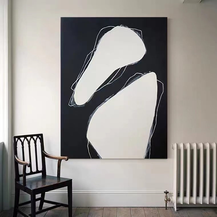 Pure hand-painted oil painting living room sofa decorative painting black and white wabi-sabi style abstract minimalist side guard stone hanging painting porch restaurant - Taobao