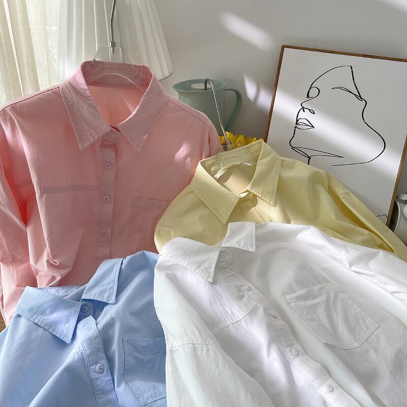 [Lushujia] Looking Forward to Autumn~ Women's Long-Sleeved Shirt for Early Spring and Autumn, Commuter Top, Solid Color, Layering, Wrinkle-Resistant Lining