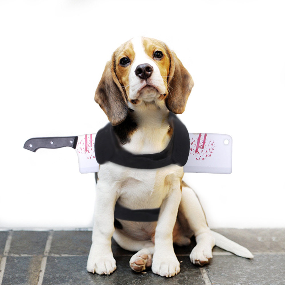 Halloween pet decorations, funny kitchen knife costumes, ghost party outfits for cats, dogs, and small dogs.