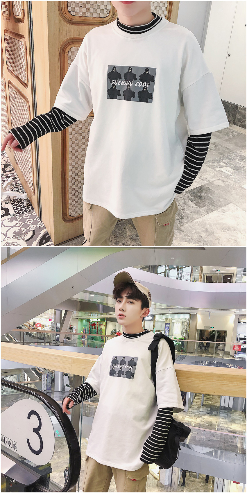 Mùa xuân và mùa hè ulzzang dài tay áo len nam khâu sọc cao cổ áo giả hai sinh viên lỏng Harajuku bf triều áo khoác áo khoác len nam