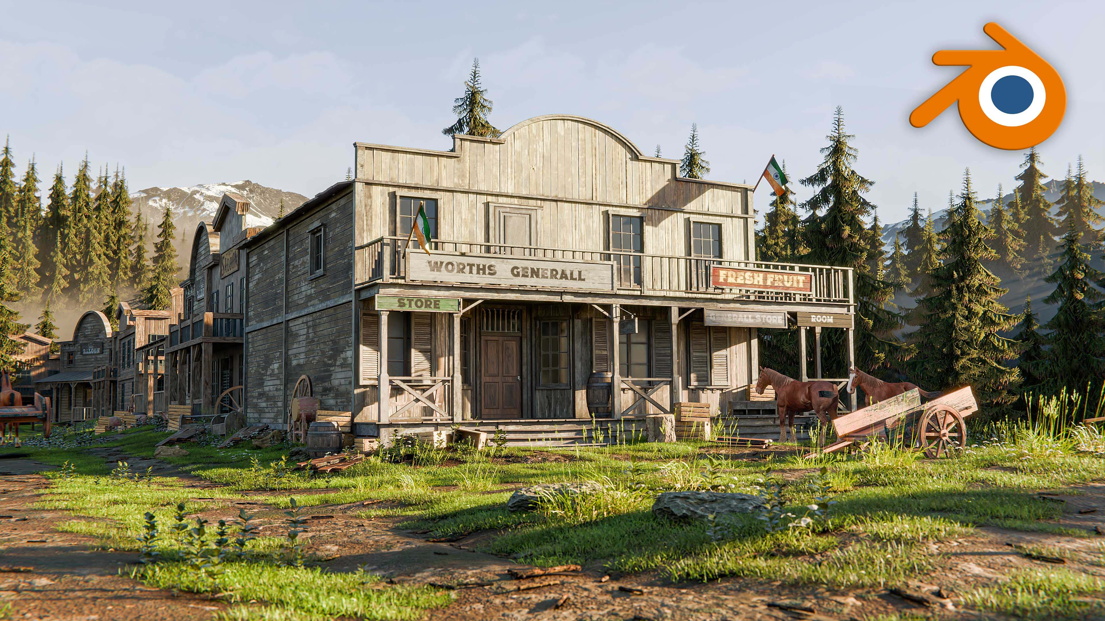 25年最新Blender写实美国西部小镇旅店场景：荒野森林+建筑全解析-旅游-淘宝好物网, image size:3840x2160