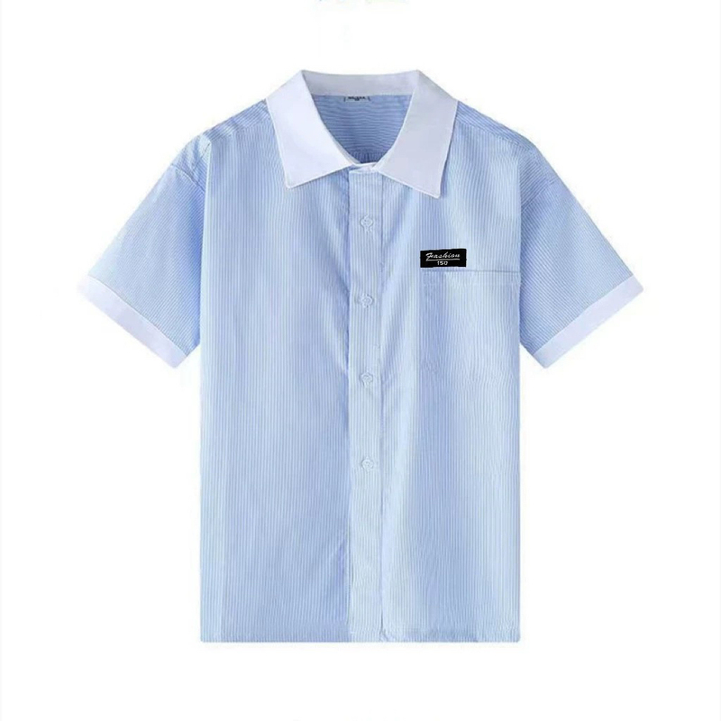 Jinan City Lixia District Junior High School Summer Uniform Boys Short-Sleeved Shirt Light Blue Striped Cotton Lapel Shirt