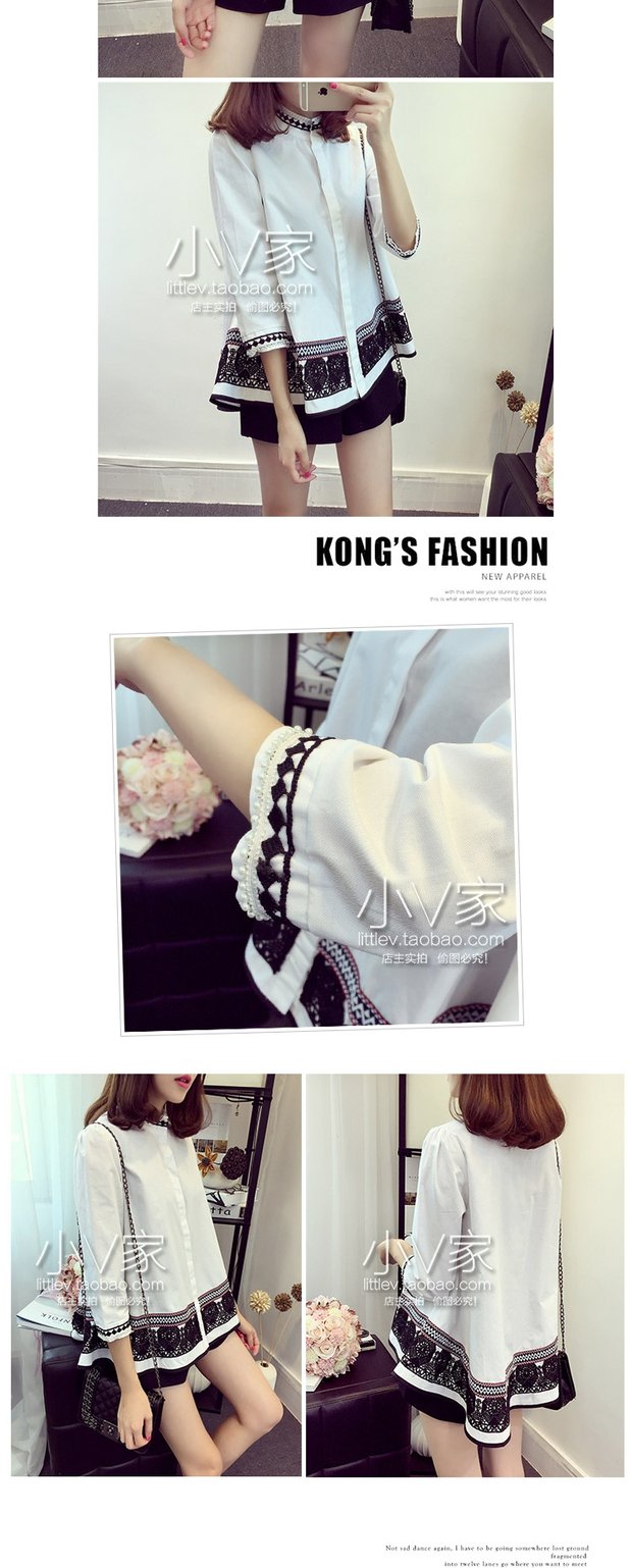 Xuân 2018 mới size lớn cổ áo sơ mi nữ cổ áo hem búp bê buông lơi mỏng quốc áo ren nữ áo sơ mi trắng nữ form rộng