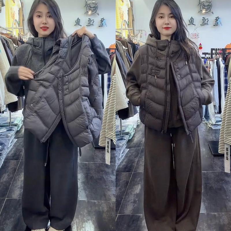 2026 Winter New Women's Clothing Fleece-Lined Warm Three-Piece Set Baby Velvet Hooded Jacket Wide-Leg Drawstring Cotton Vest