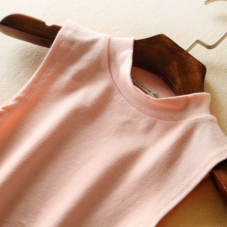 Mùa xuân 2016 mới chải cotton cổ tròn chạm đáy áo sling ấm cổ cao không tay vest ngắn nữ