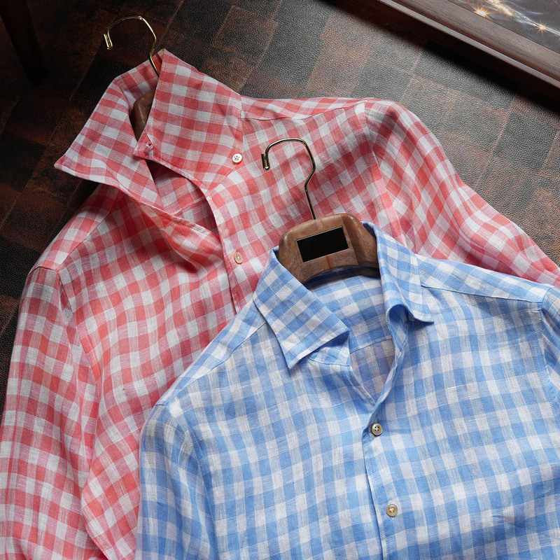 Gssugent Queen of Naples 100% 21-Count Linen Artistic Plaid One-Collar Shirt Men's High-End Shirt