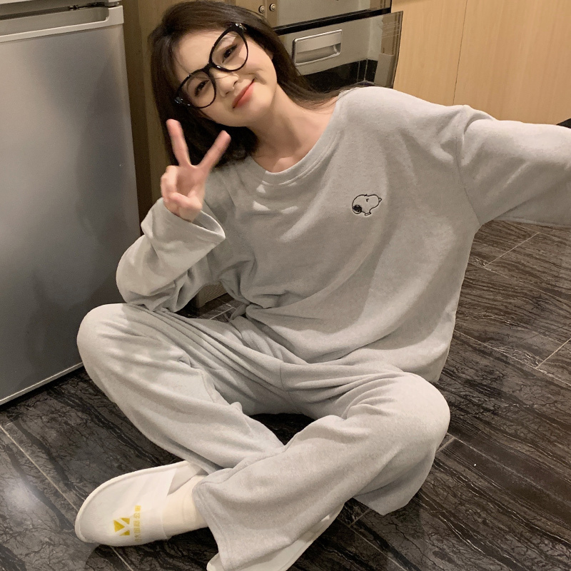 Women's Pajamas, Spring and Autumn Style, Long-Sleeved, Simple Casual Solid Color, Trendy Autumn and Winter Thin Home Wear Set, Can Be Worn Outside