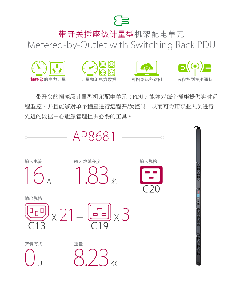 MESTERED-BY-OUTLET с переключающей стойкой PDU AP8681 Блок распределения стойки на уровне TWITA (PDU) может обеспечить удаленный мониторинг каждого розетки в реальном времени и может обеспечить дальний контроль в режиме реального времени с помощью переключателя. Удаленное открытие/управление, чтобы усовершенствованное управление энергопотреблением центра обработки данных может быть предоставлено для ИТ -специалистов для предоставления необходимых инструментов.Входной ток 16a входной кабель Длина кабеля 1,83 метра Метод установки 0u Спецификации входных характеристик C20 Спецификации выходных характеристик C13x21+C19x3 Вес 8,23 кг