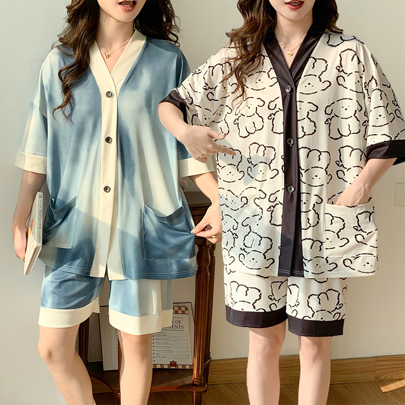 New Ice Silk Pajamas for Women, Summer Short-Sleeved, Extra Large Size, Loose Fit, Student Dormitory Cardigan, Home Wear Set, Can Be Worn Outside