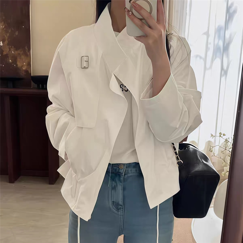 Short Drawstring Waist-Cinching Stand-Up Collar Trench Coat for Petite Women, New Spring and Autumn Style, Loose and Versatile Casual Jacket Top
