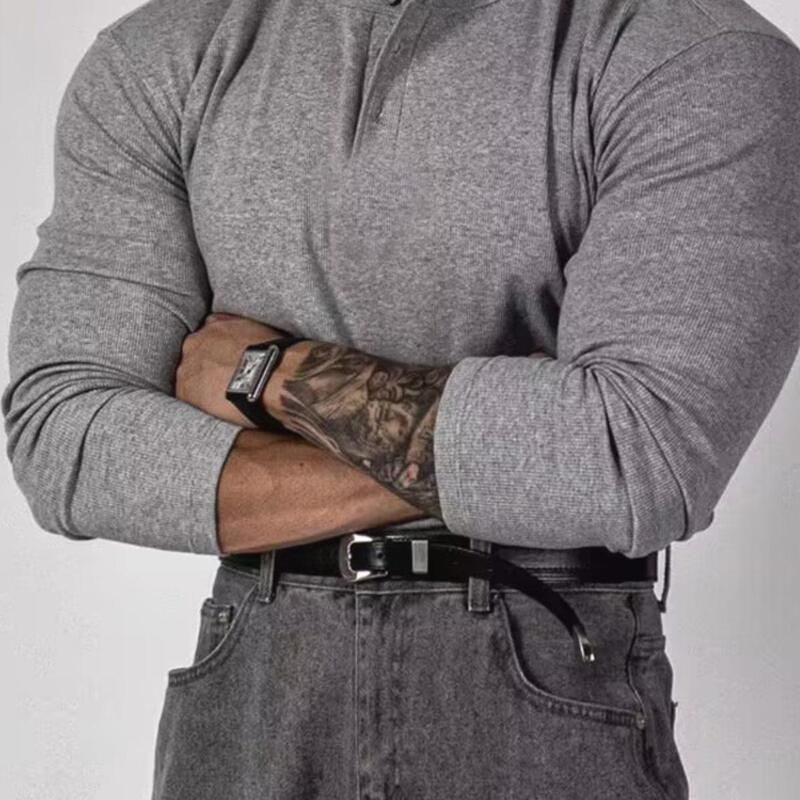 American-Style Tough Guy Pure Cotton Henley T-Shirt for Muscular Men, Slim-Fit Long-Sleeve European-Style Half-Button Placket Collar Base Shirt, Trendy