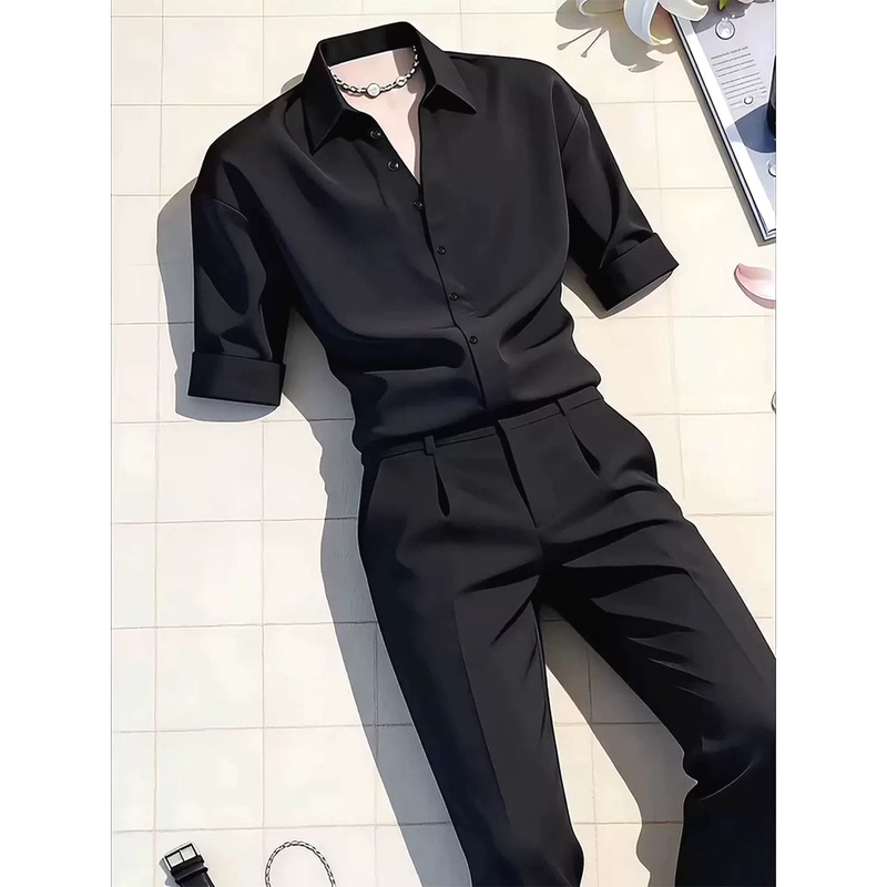 American-Style Godfather Black Shirt Set for Men, Ice Silk Four-Way Stretch Loose Long-Sleeve Cool Thin Quick-Dry Workwear Pants Set
