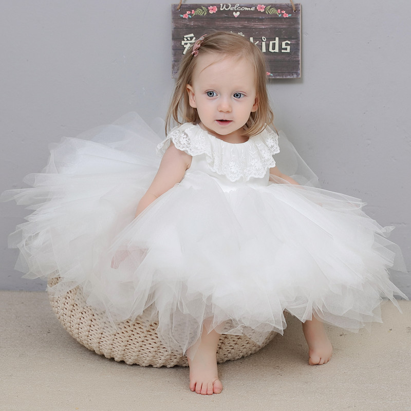 Customized baby one-year-old dress girl baby small wedding dress white tutu skirt 1-2-3 years old birthday dress flower girl dress