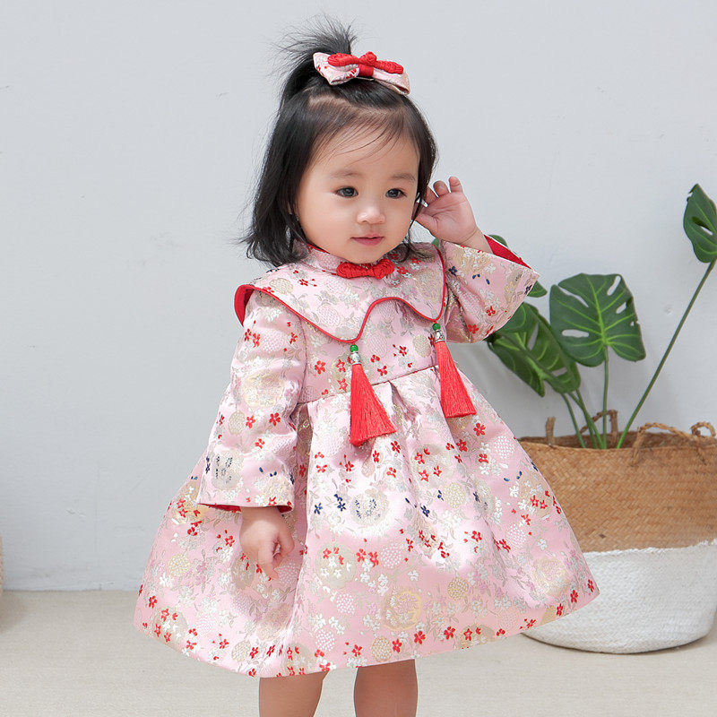 Baby one-year-old dress female baby catches the week Tang suit pink cheongsam custom Chinese style birthday party New Year's greetings