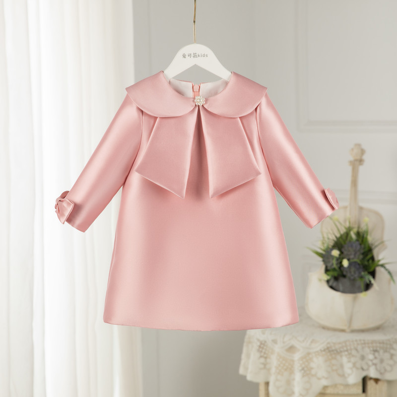 Baby's one-year-old banquet dress female champagne pink Korean version infant spring and autumn long-sleeved Western style skirt imported satin