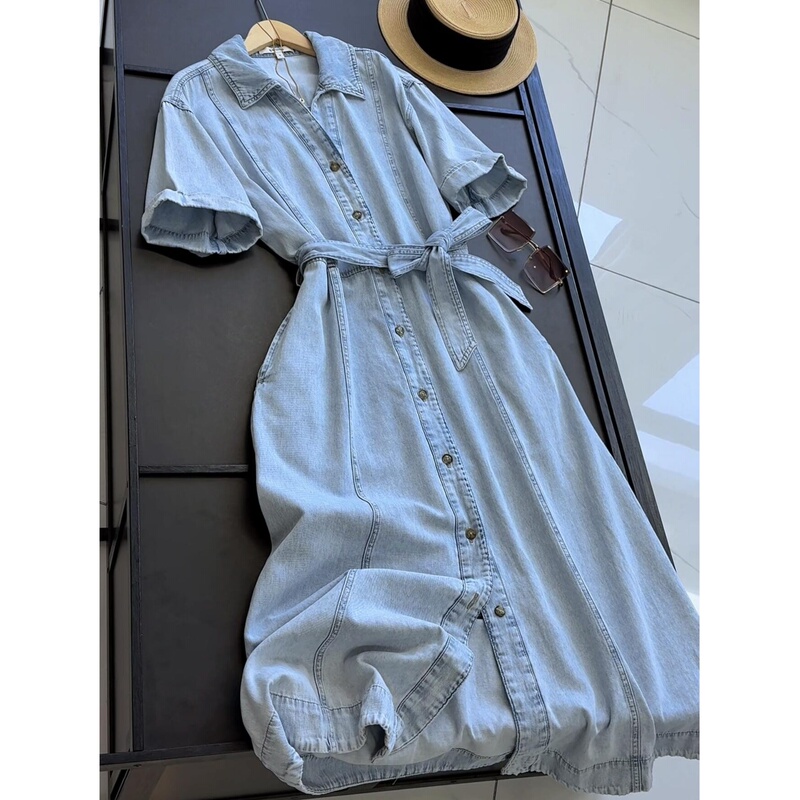 Go to Italy! 80% Cotton Blend Spring/Summer Lace-Up Waist-Slimming Distressed Denim Short-Sleeve Dress for Women