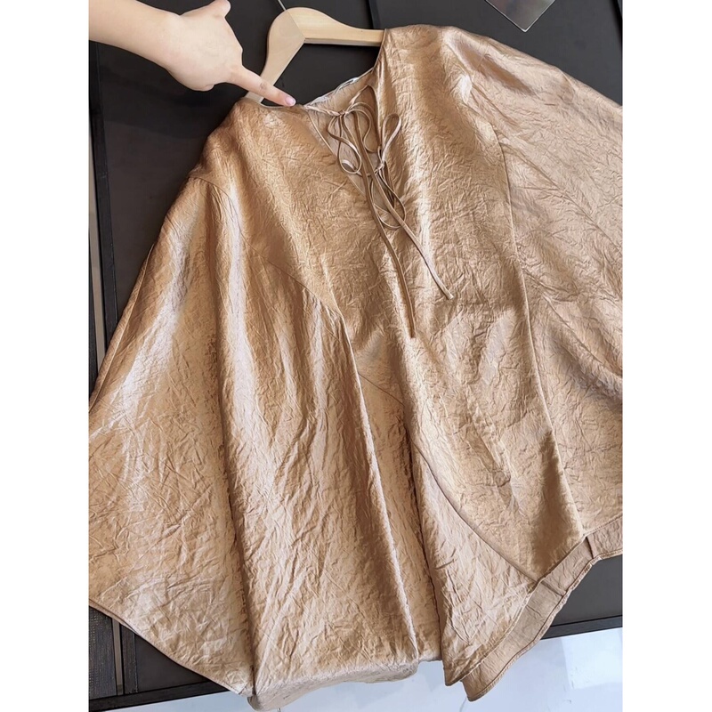 100% Acetate! Elegant Round Neck Tie Design Satin Shirt, Loose and Glossy Top for Women 100% Acetate! Elegant Round Neck Tie Design Satin Shirt, Loose and Glossy Top for Women