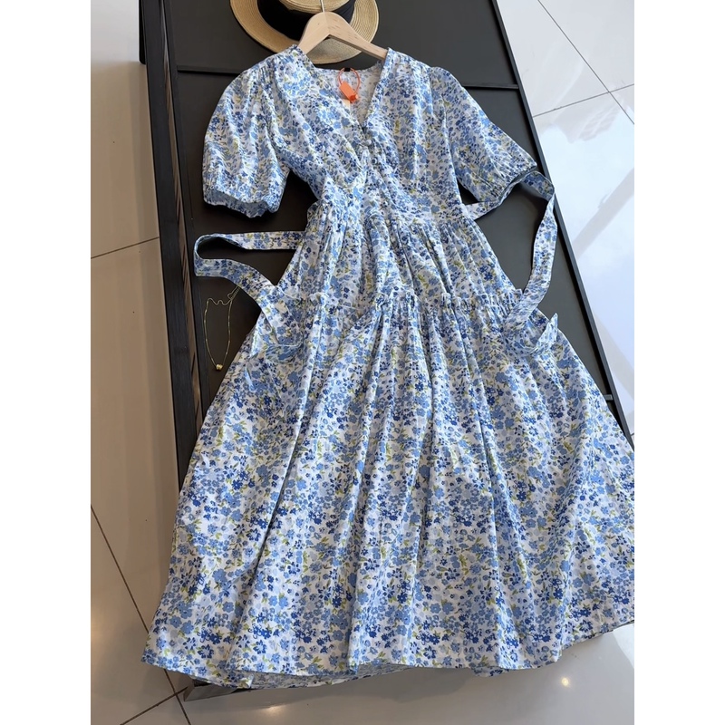 Blue Floral Print! Long Dress with a Fresh Floral Pattern, Made of Pure Cotton, Gentle Style Summer Dress Blue Floral Print! Long Dress with a Fresh Floral Pattern, Made of Pure Cotton, Gentle Style Summer Dress