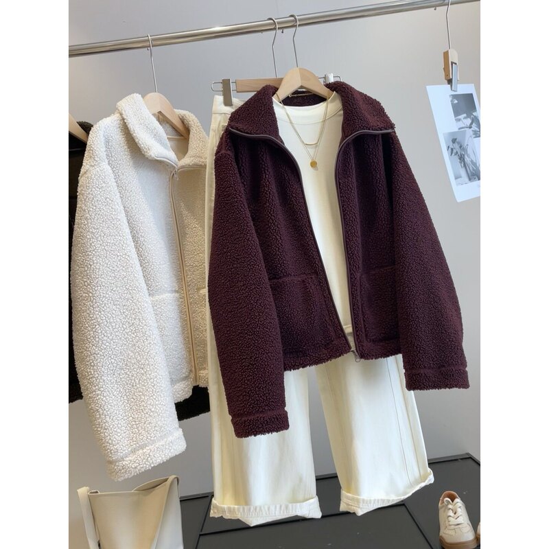 Lightweight and Warm Teddy Fleece Jacket with a Turn-Down Collar, Loose Fit, Zipper Closure, Simple Casual Plush Short Jacket Lightweight and Warm Teddy Fleece Jacket with a Turn-Down Collar, Loose Fit, Zipper Closure, Simple Casual Plush Short Jacket