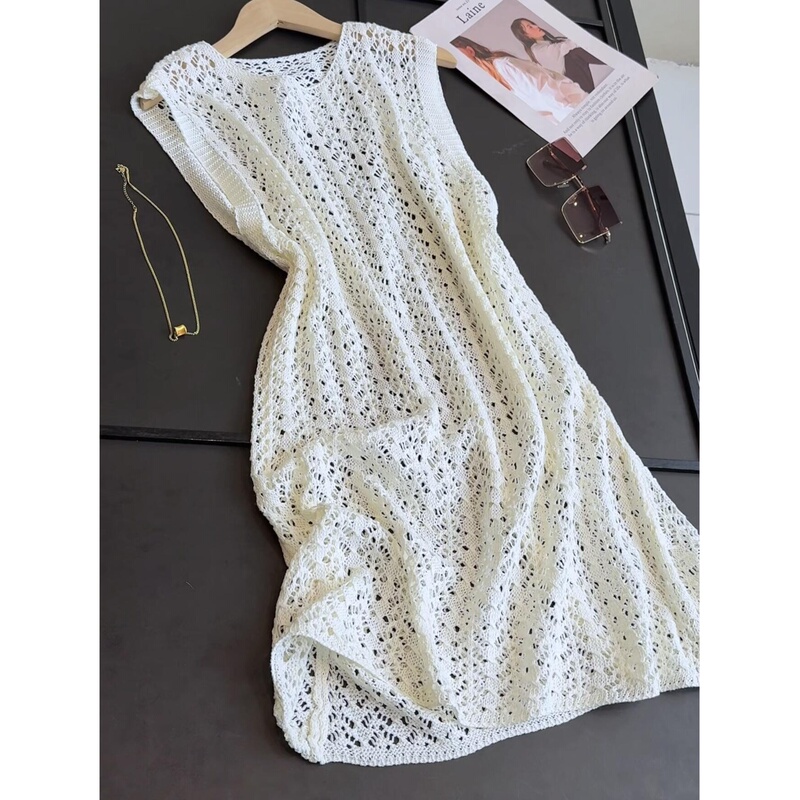 Summer Mid-Length Hollow-Out Tank Dress, Loose Korean Style, Niche, Slimming, Knitted, Casual, Versatile, Sleeveless Midi Dress