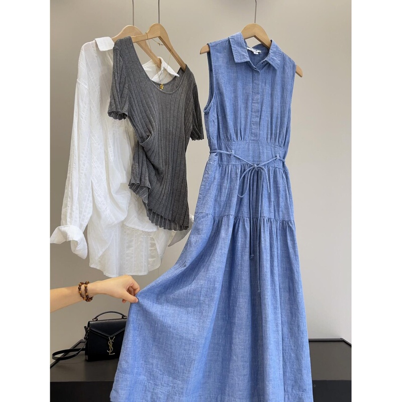 Cotton French Commuter Style Sleeveless Shirt Collar Dress Women's Lace-Up Waist A-Line Denim Long Skirt Cotton French Commuter Style Sleeveless Shirt Collar Dress Women's Lace-Up Waist A-Line Denim Long Skirt