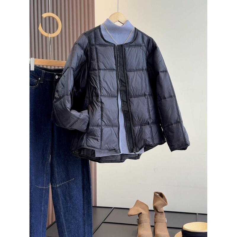 Black Checkered Cotton Jacket for Women, 2025 New Short Korean Style Slimming Round Neck Coat, Lightweight Cotton Clothing