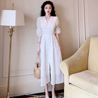 Mùa hè 2019 mới chia retro váy dài thon tay áo cổ chữ V eo Một chiếc váy từ nữ - A-Line Váy đầm chữ a cho người mập
