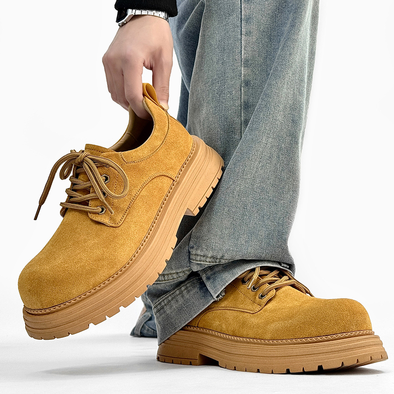 Low-Top Martin Boots for Men, British Style, Retro Yellow Boots, Thick-Soled Height-Increasing Derby Shoes, Versatile Large-Toe Work Shoes, Trendy