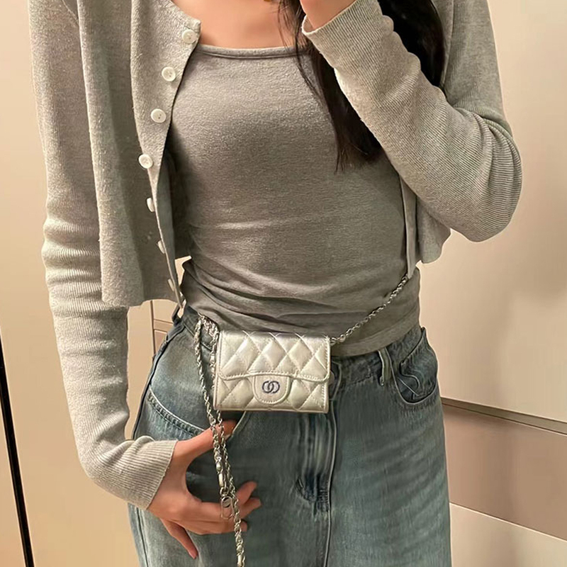Silver Small Purse Mini Card Holder Coin Purse Mini Small Bag New Style Genuine Leather Waist Bag Women's Chain Crossbody Bag Silver Small Purse Mini Card Holder Coin Purse Mini Small Bag New Style Genuine Leather Waist Bag Women's Chain Crossbody Bag