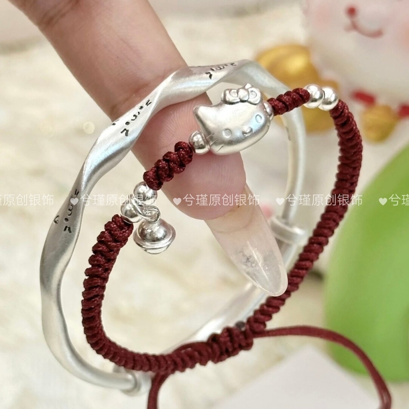 Pure Silver 999 Sterling Silver Hellokitty Cat Bell Bracelet Cute Birthday Gift for Girlfriend and Best Friend Pure Silver 999 Sterling Silver Hellokitty Cat Bell Bracelet Cute Birthday Gift for Girlfriend and Best Friend