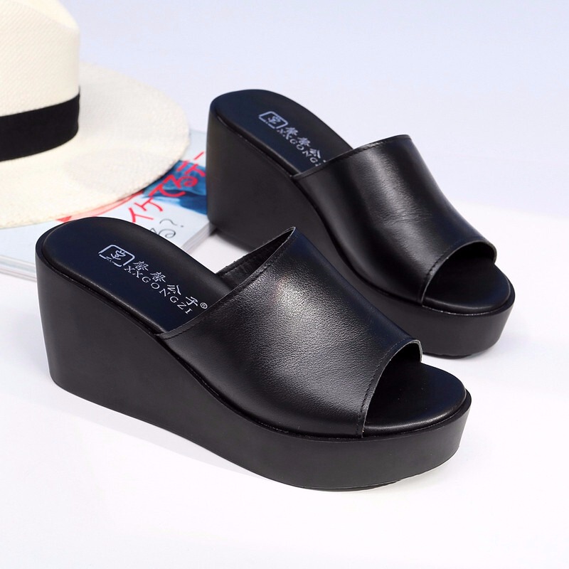 Thick-Soled Sandals for Women, Summer Outerwear, Genuine Leather, Black Platform High-Heeled Fish Mouth Sandals, Non-Slip Wedge-Heeled Sandals for Women