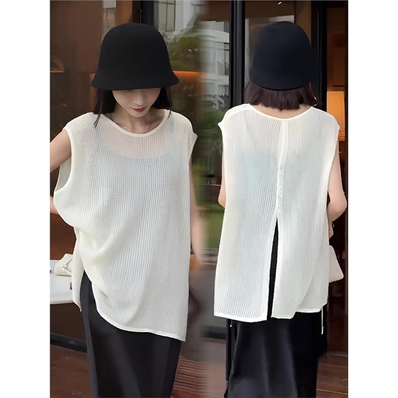 White Back-Slit Round-Neck Thin Ice Silk Knit Top for Women, 2026 New Design, Sleeveless Hollow-Out Cover-Up Blouse