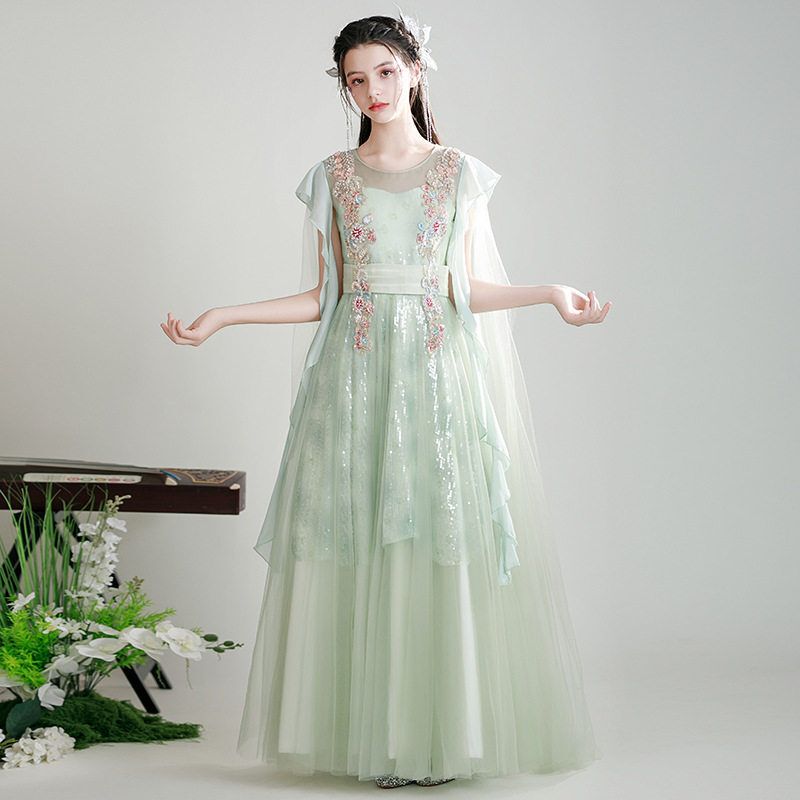 New Chinese-Style Light Mint Green Fairy Dress for Girls, Embroidered Mesh Long Dress, Elegant Dress for Guzheng Performance New Chinese-Style Light Mint Green Fairy Dress for Girls, Embroidered Mesh Long Dress, Elegant Dress for Guzheng Performance
