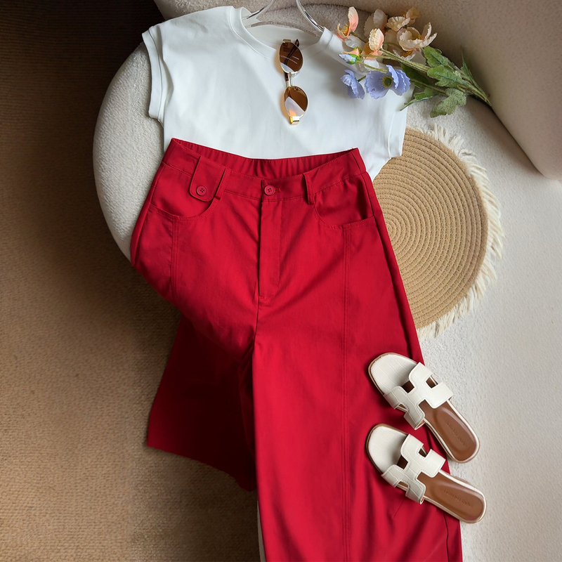 Red Petite Cropped Wide-Leg Pants, Balloon Pants for Women, Summer Thin Style, 2026 High-Waisted Cropped Casual Pants