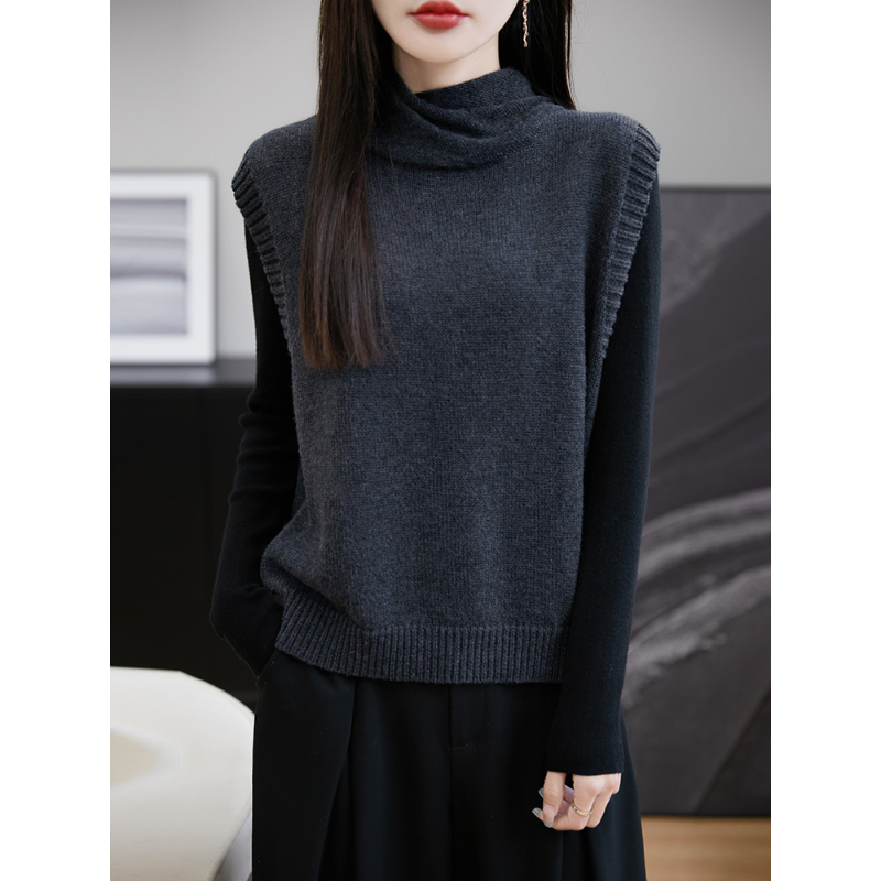 Women's Turtleneck Sweater Sleeveless Knitted Vest Loose Short Base Shirt Vest Turtleneck Waistcoat