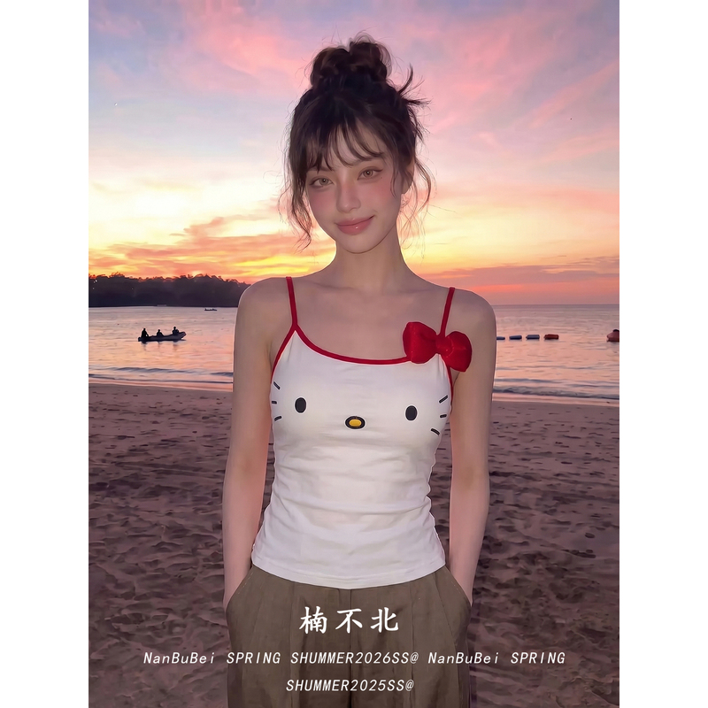 Cute Cat-Style Big Face Bow Halter Top for Women, Summer Hello Kitty Cartoon Slim-Fit Camisole Top Cute Cat-Style Big Face Bow Halter Top for Women, Summer Hello Kitty Cartoon Slim-Fit Camisole Top
