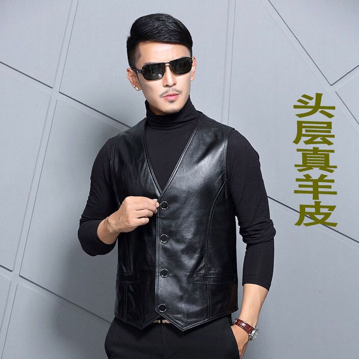 Genuine Leather Vest for Men, Spring and Autumn, Pure Leather Single-Breasted Sheepskin Vest, V-Neck, Fashionable Single-Style Sleeveless Suit for Women